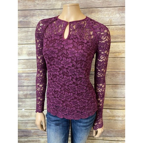 Diane von Furstenberg Top 4 Gadie Lace Purple 4 Keyhole Semi Sheer Long Sleeve - Picture 1 of 9